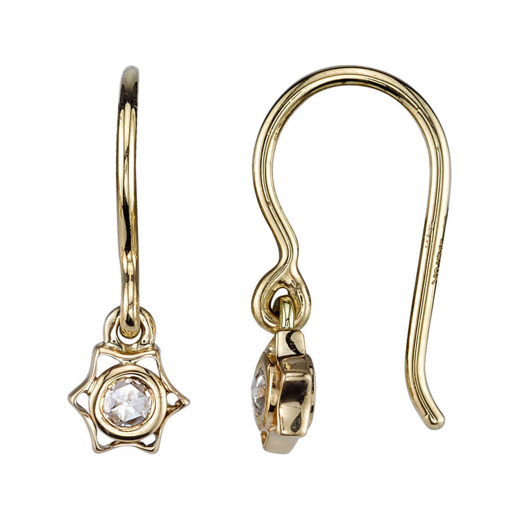 
Single Stone's Helena drops earrings  featuring 0.08ctw G-H/VS rose cut diamonds bezel set in handcrafted 18K champagne gold drop earrings.
