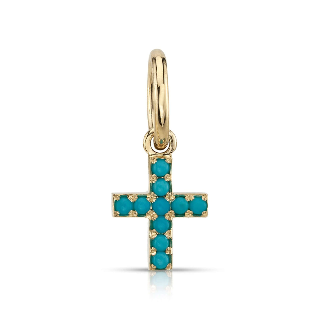 Single Stone's MINI PAVÉ CARMELA CROSS WITH GEMSTONES pendant  featuring Approximately 0.15ctw round cut gemstones pavé set in a handcrafted 18K yellow gold cross. Cross measures 8.20mm x 9.80mm. Price does not include chain.

