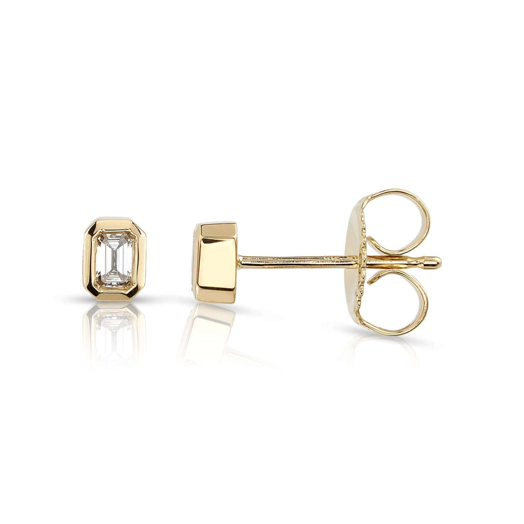 Single Stone's SIERRA STUDS earrings  featuring Approximately 0.18ctw G-I/VS emerald cut diamonds bezel set in handcrafted stud earrings. 
