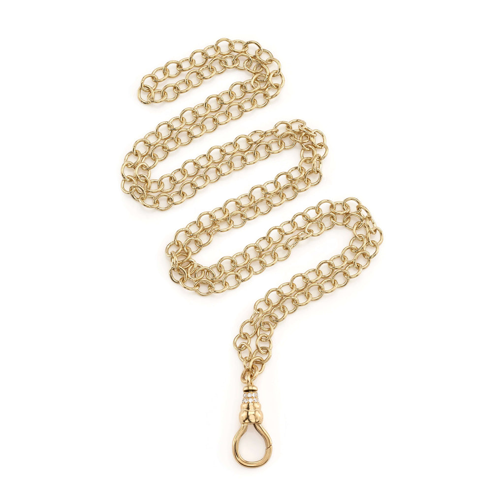 Single Stone's EVREN  featuring Handcrafted 18K yellow gold link chain with approximately 0.20ctw G-H/VS pavé set old European cut accent diamonds. Available in 17&quot; and 30&quot; lengths. Price does not include charms.
