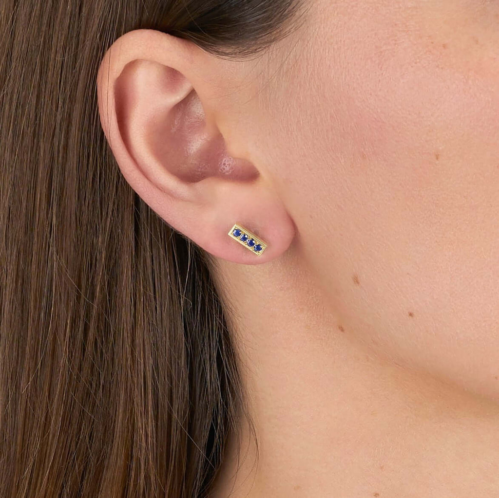 Single Stone's PAVÉ MONET STUDS WITH GEMSTONES earrings  featuring Approx. 0.30ctw round cut gemstones pav set in handcrafted 18K yellow gold bar earrings. 
