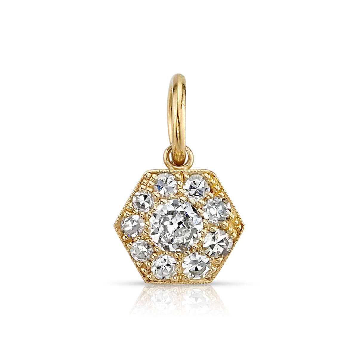 SINGLE STONE MINI HEXAGONAL COBBLESTONE CHARM PENDANT featuring Approximately 0.25ctw varying old cut and round brilliant cut diamonds set in a handcrafted 18K yellow gold pendant. Prices vary according to diamond weight. Price does not include chain. Cha