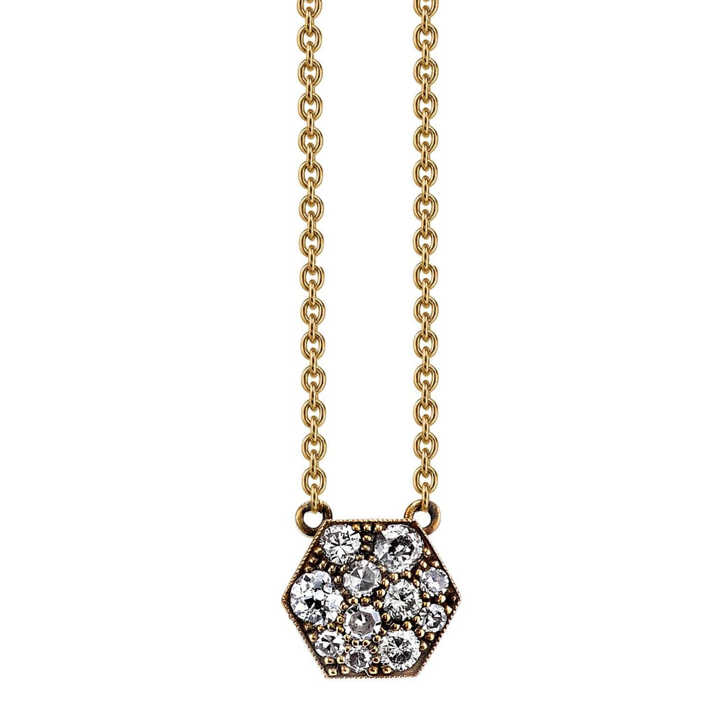 Single Stone's HEXAGONAL COBBLESTONE PENDANT NECKLACE  featuring Approximately 0.30ctw varying old cut and round brilliant cut diamonds set on a handcrafted 18K yellow gold pendant necklace. Available in an oxidized or polished finish. Necklace measures 18&quot;. ﻿Please inquire about additional customization.
