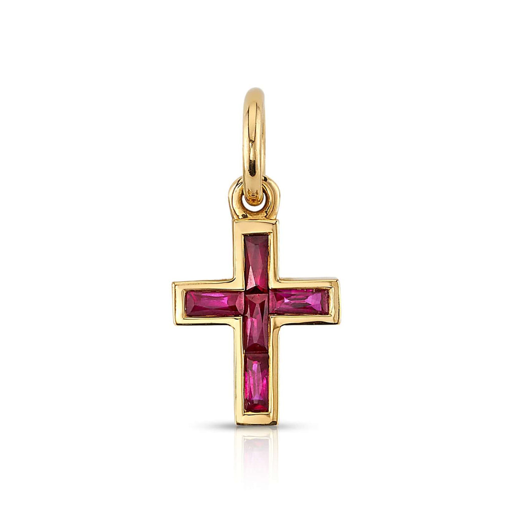 Single Stone's MINI FRENCH CUT CARMELA CROSS WITH GEMSTONES pendant  featuring Approximately 0.30ctw French cut gemstones set in a handcrafted 18K yellow gold cross. Cross measures 8.20mm x 9.80mm. Price does not include chain.
