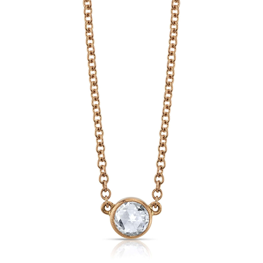 
Single Stone's Lincoln necklace earrings  featuring 0.44ctw J/VS rose cut diamond bezel set on a handcrafted 18K rose gold necklace. 
Necklace measures 17".  
