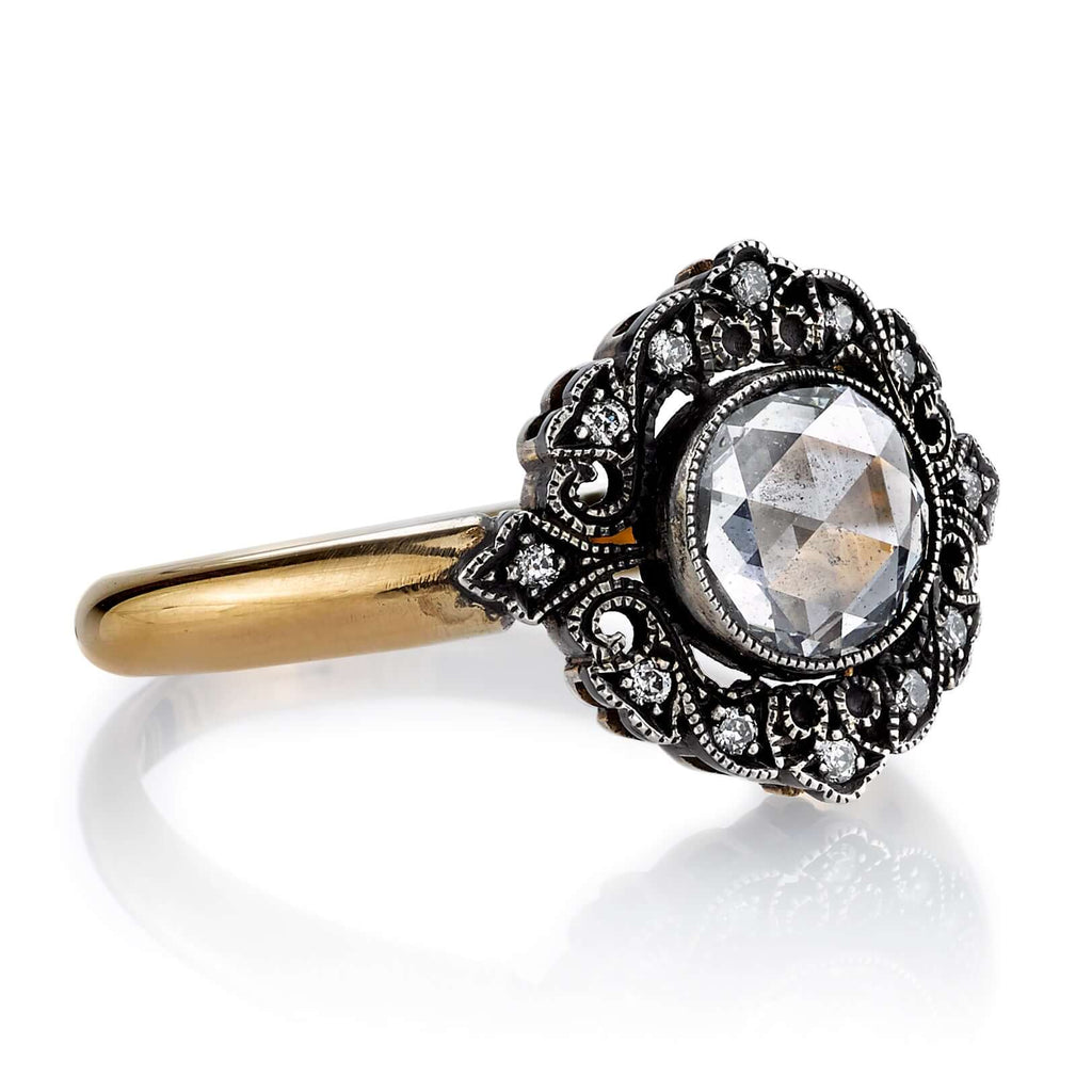 Single Stone's MEREDITH ring  featuring 0.48ct D/VS2 EGL certified rose cut diamond with 0.05ctw old European cut accent diamonds set in a handcrafted 18K yellow gold and oxidized silver mounting.
