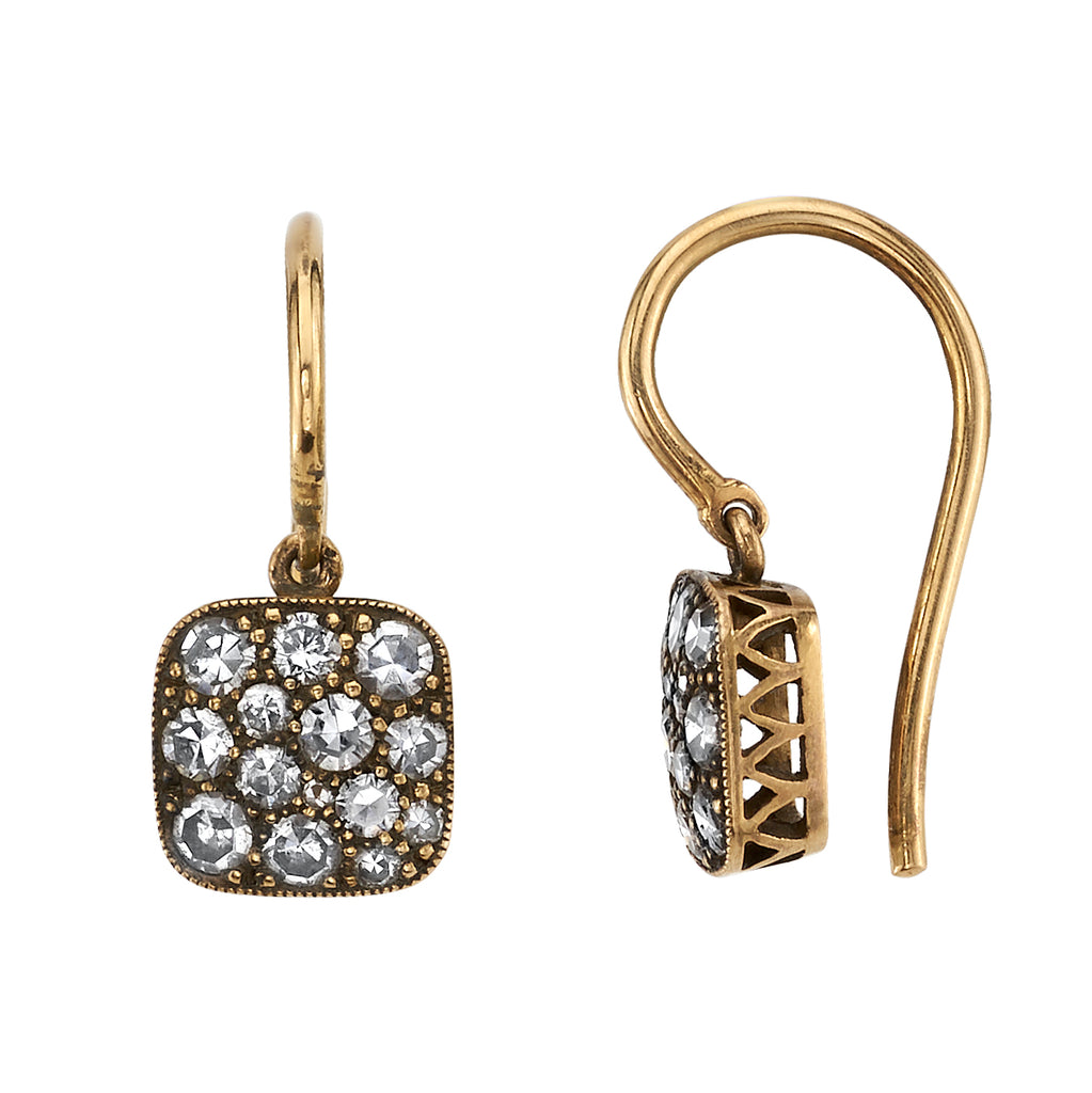 
Single Stone's Small square cobblestone drop earrings earrings  featuring Approximately 1.20-150ctw various old cut and round brilliant cut diamonds set in handcrafted oxidized 18K yellow gold drop earrings. 
Price may vary according by total diamond weight. 
*Cobblestone pattern may vary from piece to piece

