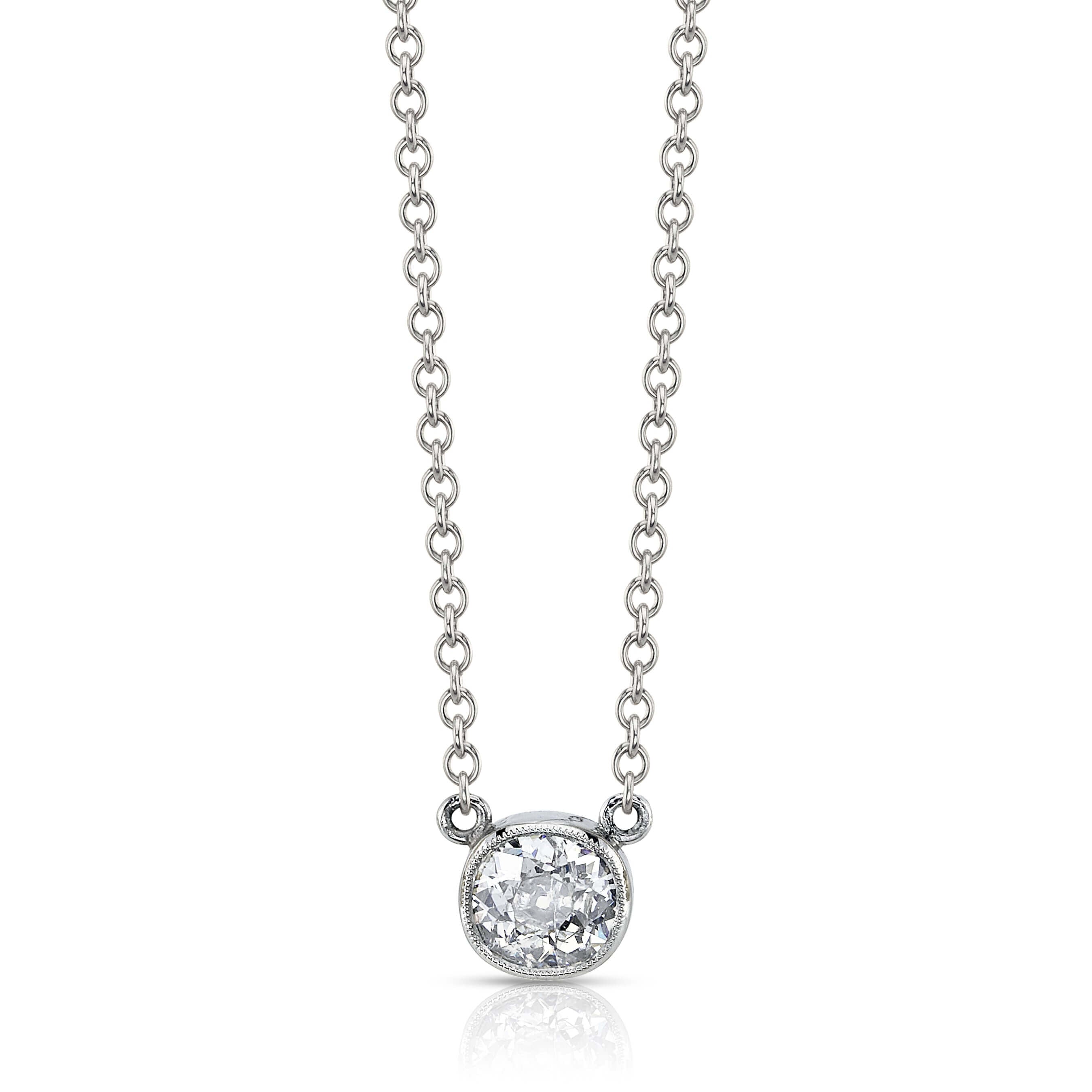 SINGLE STONE LINCOLN NECKLACE featuring 0.65ctw J/I1 antique cushion cut diamond bezel set on a handcrafted platinum necklace. Necklace measures 17".