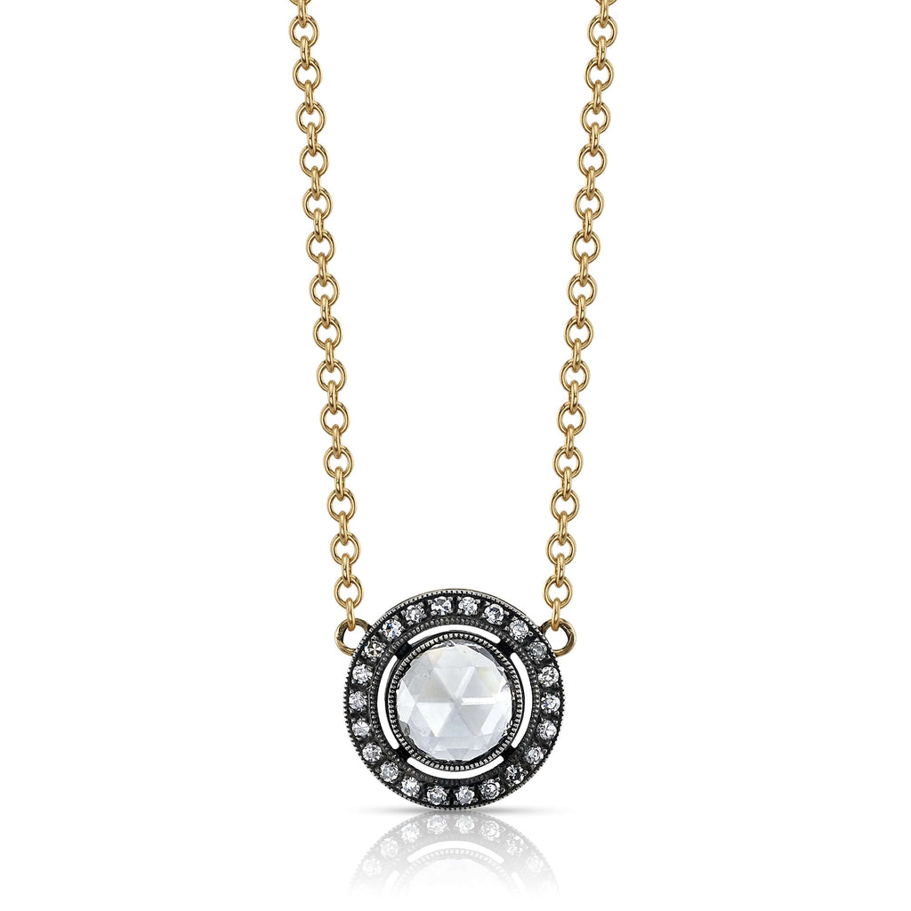 Single Stone's KENDALL  featuring 0.78ct F/SI2 rose cut diamond with 0.13ctw single cut accent diamonds set in a handcrafted 18K oxidized yellow gold and silver pendant.
