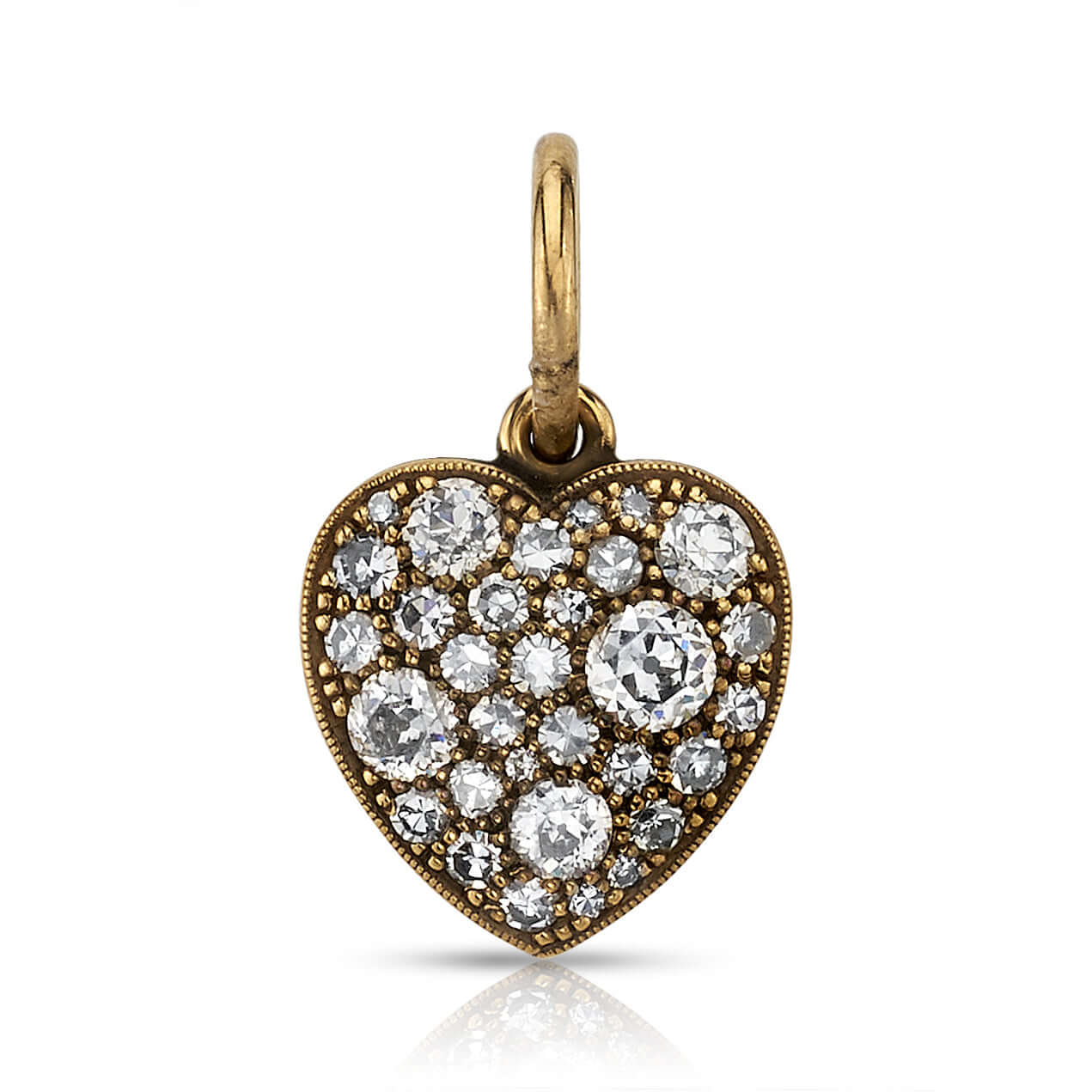 SINGLE STONE SMALL COBBLESTONE HEART PENDANT featuring Approximately 0.80ctw various old cut and round brilliant cut diamonds set in a handcrafted 18K yellow gold heart pendant. Prices vary according to diamond weight. Heart measures 12.5mm x 11.7mm. Pric