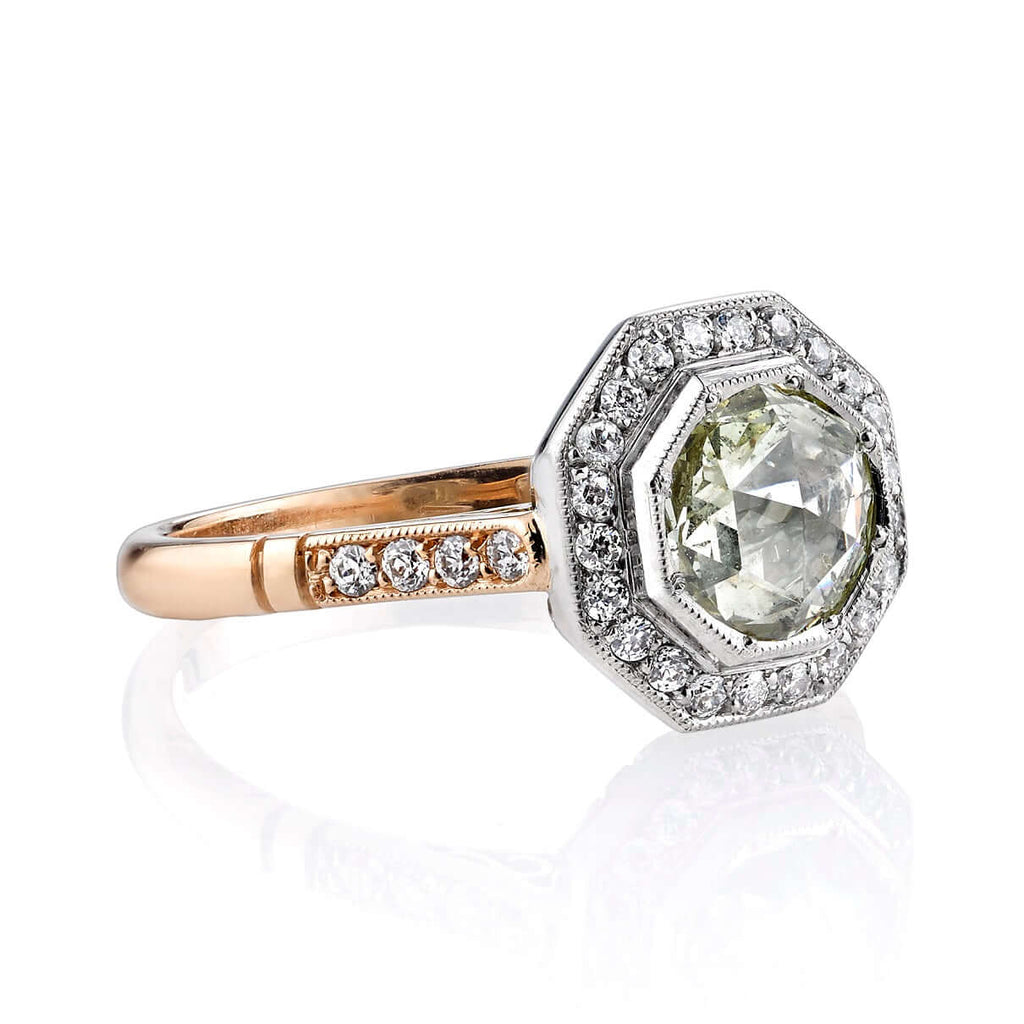 Single Stone's SAVANNAH ring  featuring 0.84ct Light Yellow/SI2 rose cut diamond with 0.25ctw old European cut accent diamonds set in a handcrafted 18K rose gold and platinum mounting.
