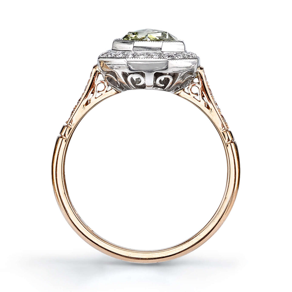 Single Stone's SAVANNAH ring  featuring 0.84ct Light Yellow/SI2 rose cut diamond with 0.25ctw old European cut accent diamonds set in a handcrafted 18K rose gold and platinum mounting.
