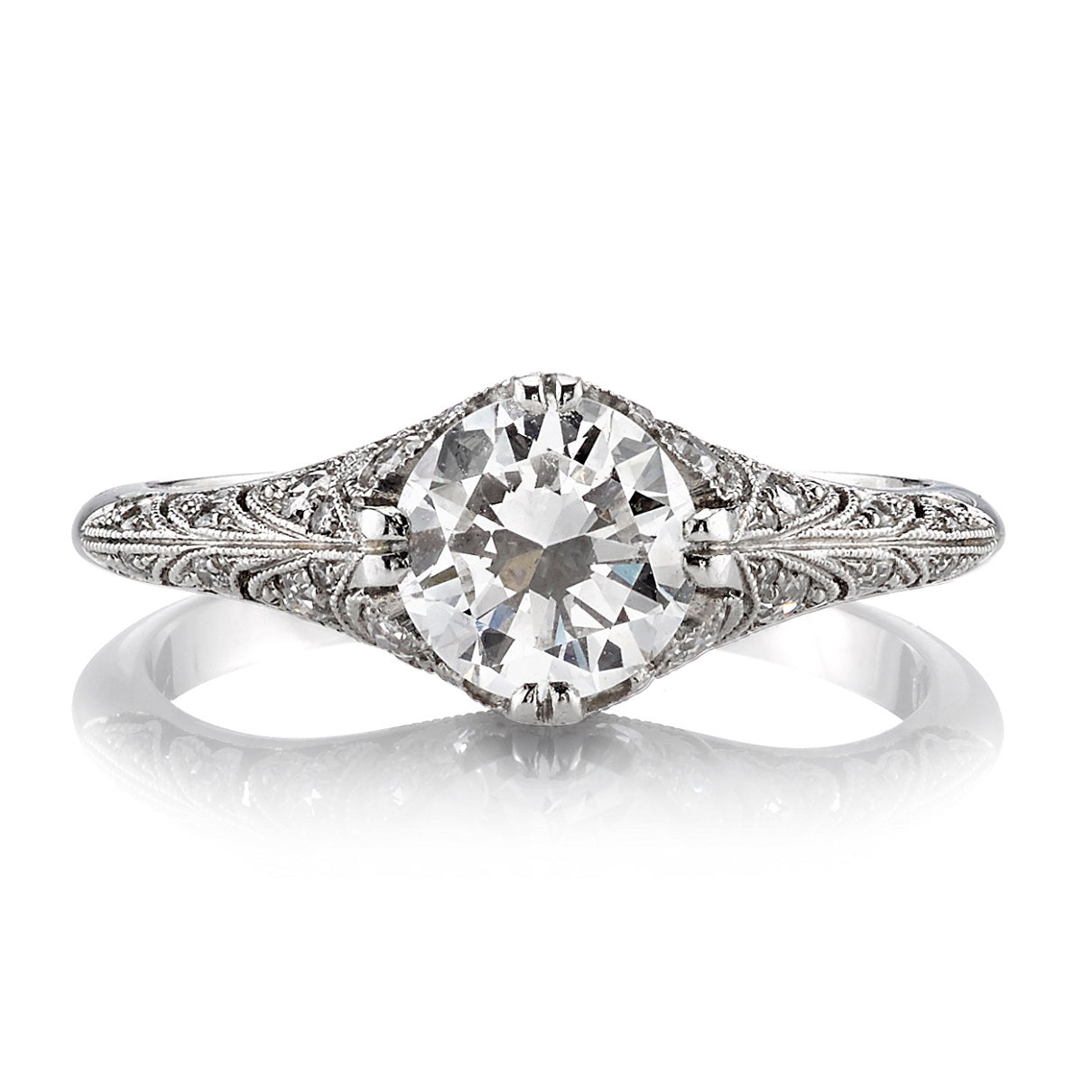 SINGLE STONE CHARLOTTE RING featuring 1.04ct I/VS2 EGL certified old European cut diamond with 0.25ctw old European cut accent diamonds set in a handcrafted platinum mounting.