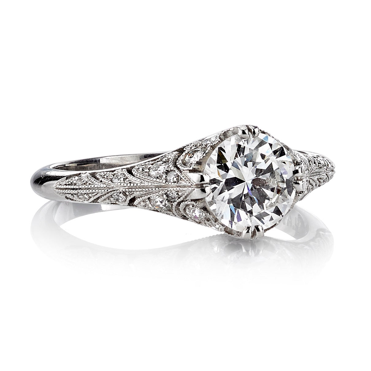 SINGLE STONE CHARLOTTE RING featuring 1.04ct I/VS2 EGL certified old European cut diamond with 0.25ctw old European cut accent diamonds set in a handcrafted platinum mounting.