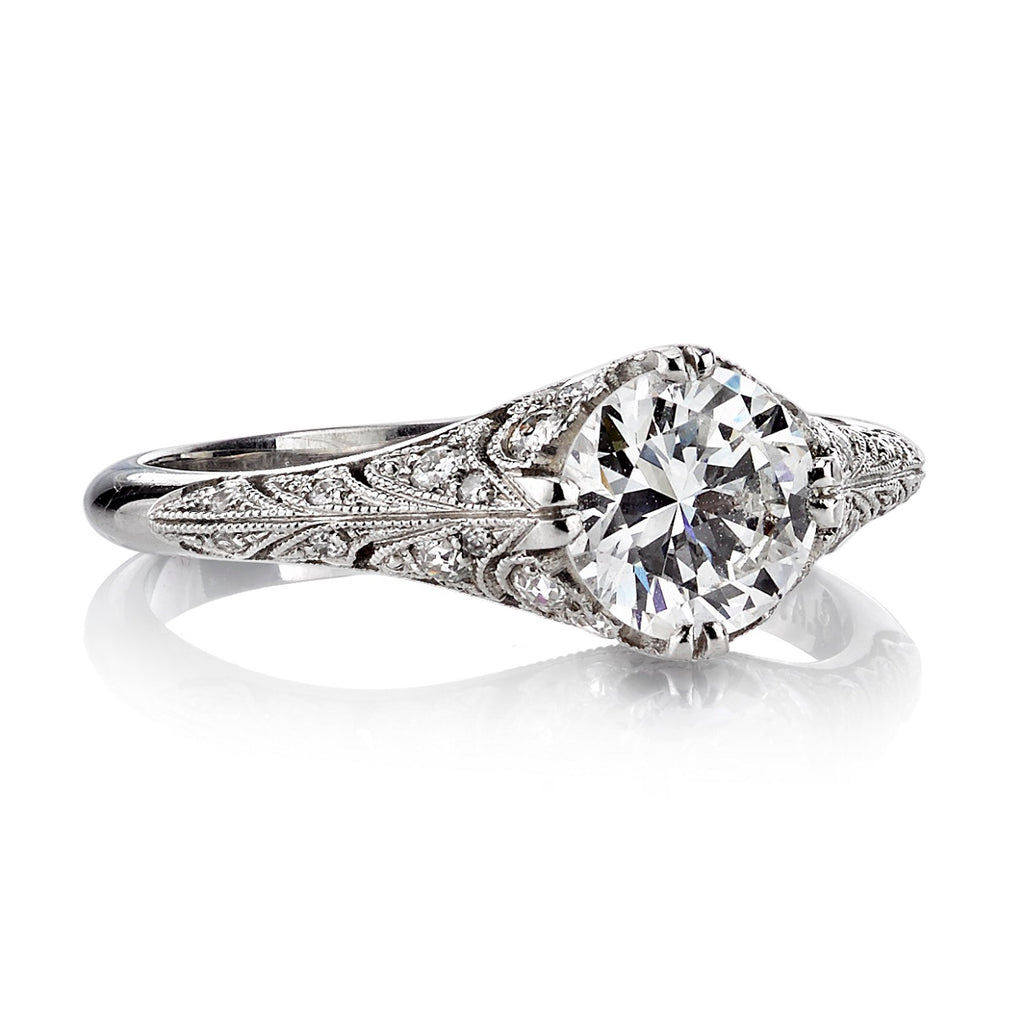 Single Stone's CHARLOTTE ring  featuring 1.04ct I/VS2 EGL certified old European cut diamond with 0.25ctw old European cut accent diamonds set in a handcrafted platinum mounting.

