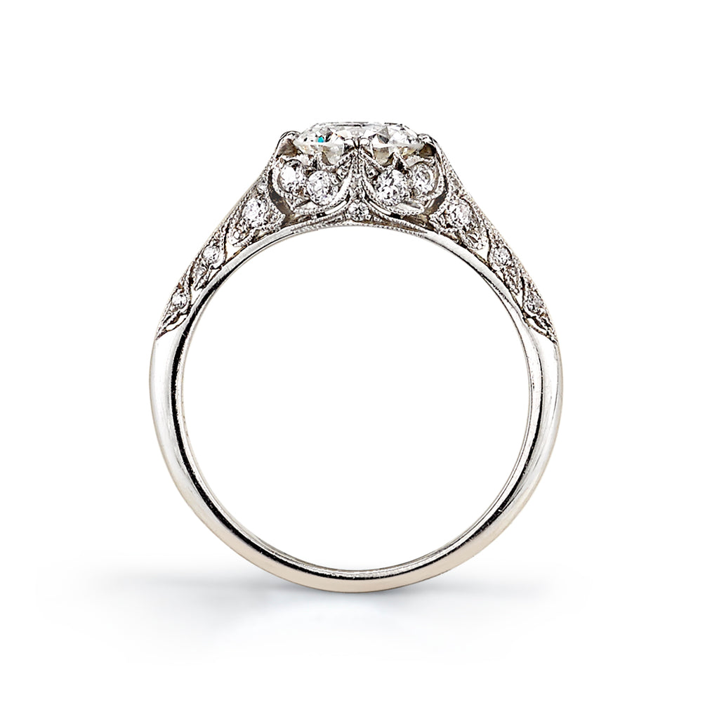 Single Stone's CHARLOTTE ring  featuring 1.04ct I/VS2 EGL certified old European cut diamond with 0.25ctw old European cut accent diamonds set in a handcrafted platinum mounting.
