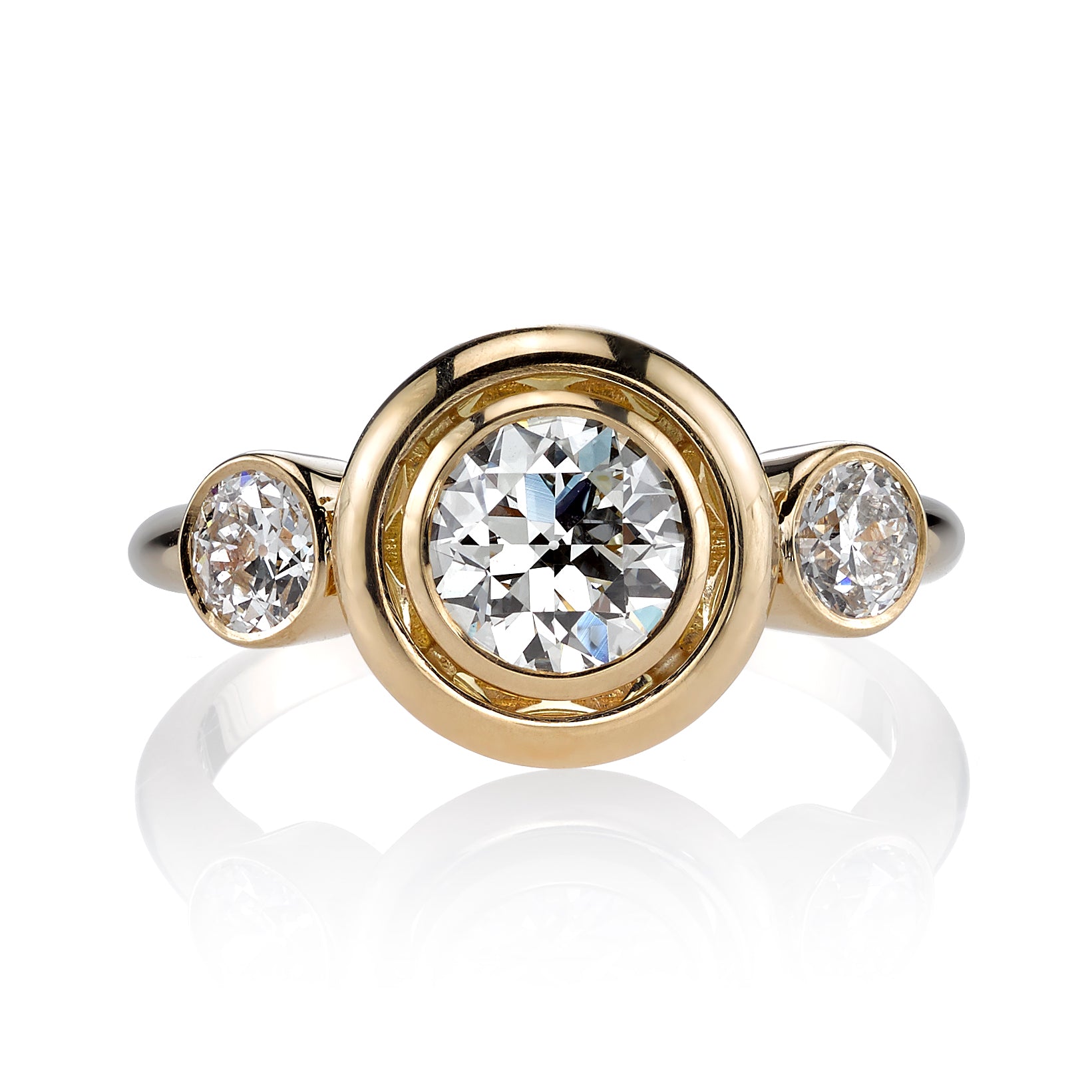SINGLE STONE WAVERLY RING featuring 0.92ct J/VS1 EGL certified old European cut diamond with 0.50ctw old European cut accent diamonds set in a handcrafted 18K yellow gold mounting.