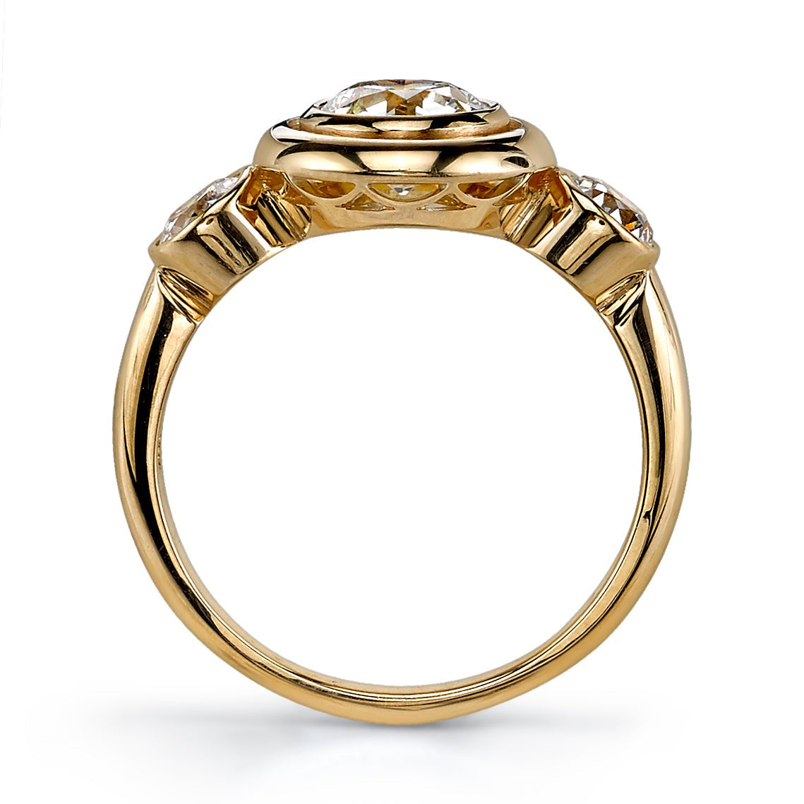 SINGLE STONE WAVERLY RING featuring 0.92ct J/VS1 EGL certified old European cut diamond with 0.50ctw old European cut accent diamonds set in a handcrafted 18K yellow gold mounting.
