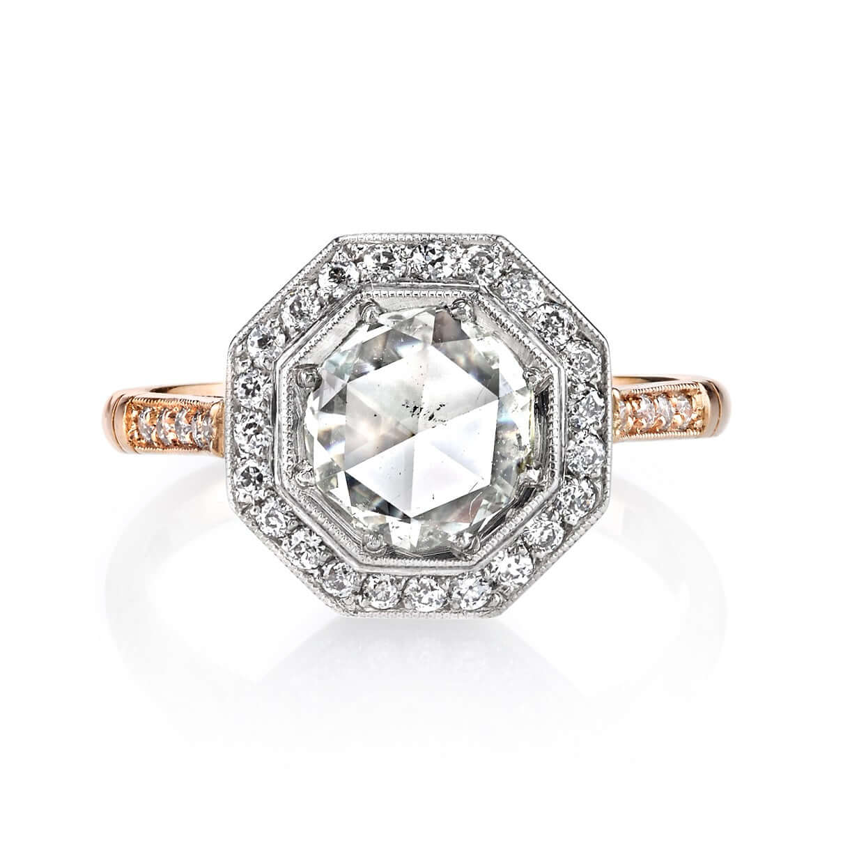SINGLE STONE SAVANNAH RING featuring 0.92ct Light Yellow/SI2 rose cut diamond with 0.31ctw old European cut accent diamonds set in a handcrafted 18K rose gold and platinum mounting.