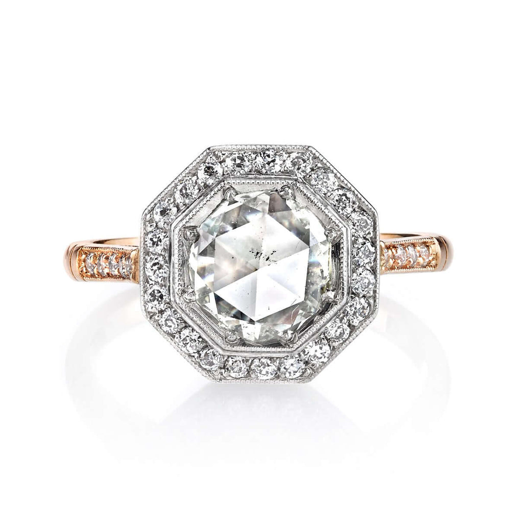 Single Stone's SAVANNAH ring  featuring 0.92ct Light Yellow/SI2 rose cut diamond with 0.31ctw old European cut accent diamonds set in a handcrafted 18K rose gold and platinum mounting.

