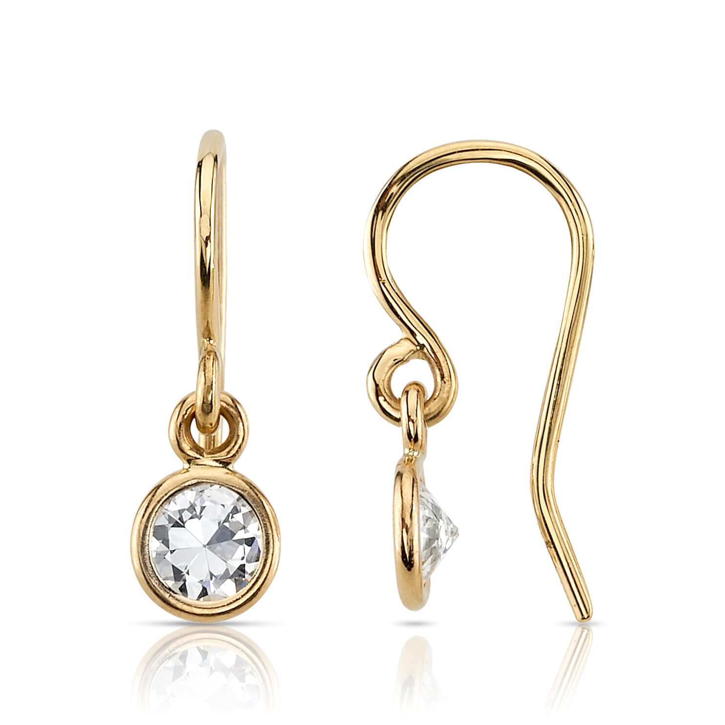SINGLE STONE ANITA DROPS | Earrings featuring 0.93ctw J-K/SI old European cut diamonds bezel set in handcrafted 18K yellow gold drop earrings.