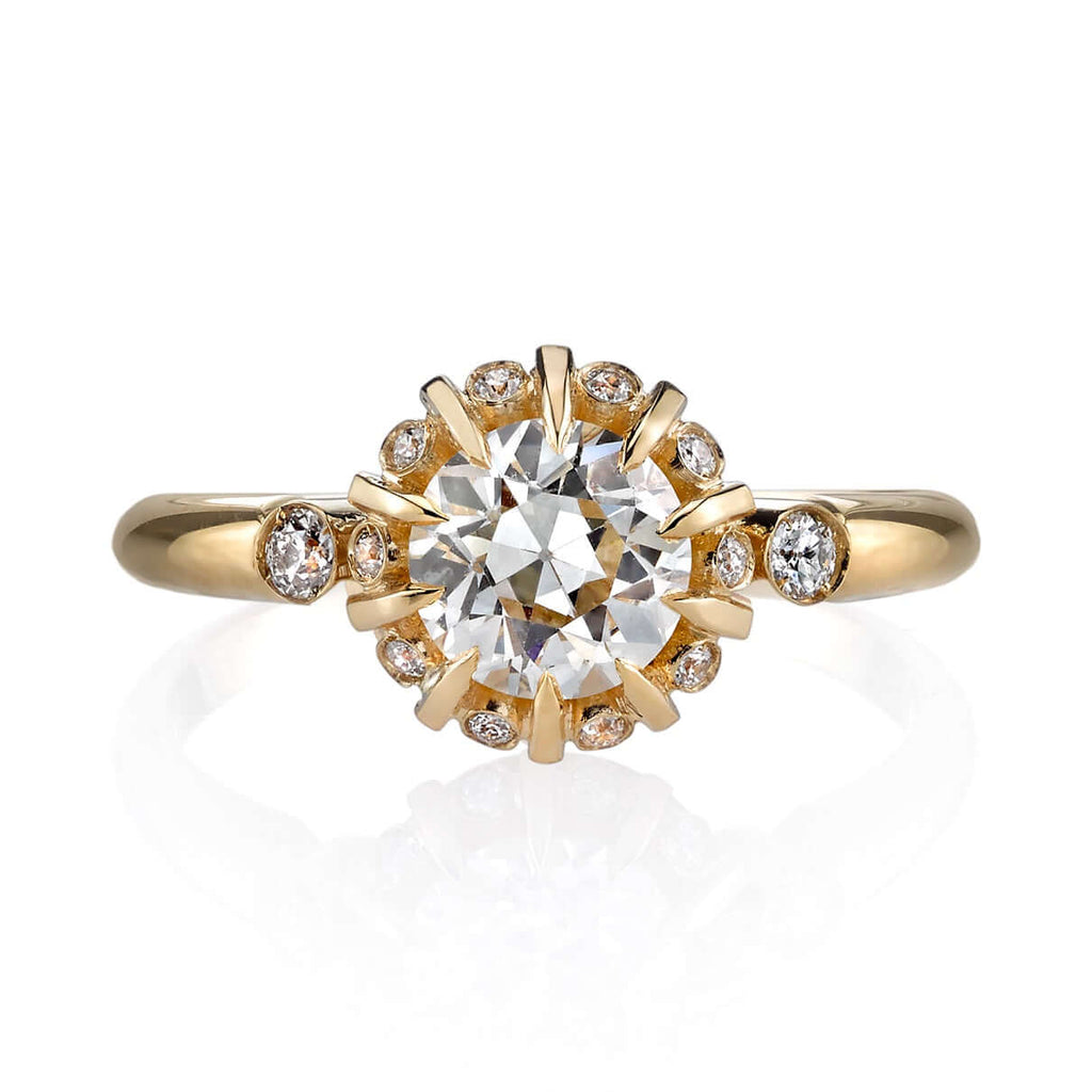 Single Stone's LEILANI ring  featuring 0.93ct J/VS2 GIA certified old European cut diamond with 0.11ctw old European cut diamond accents set in a handcrafted 18K yellow gold mounting.
