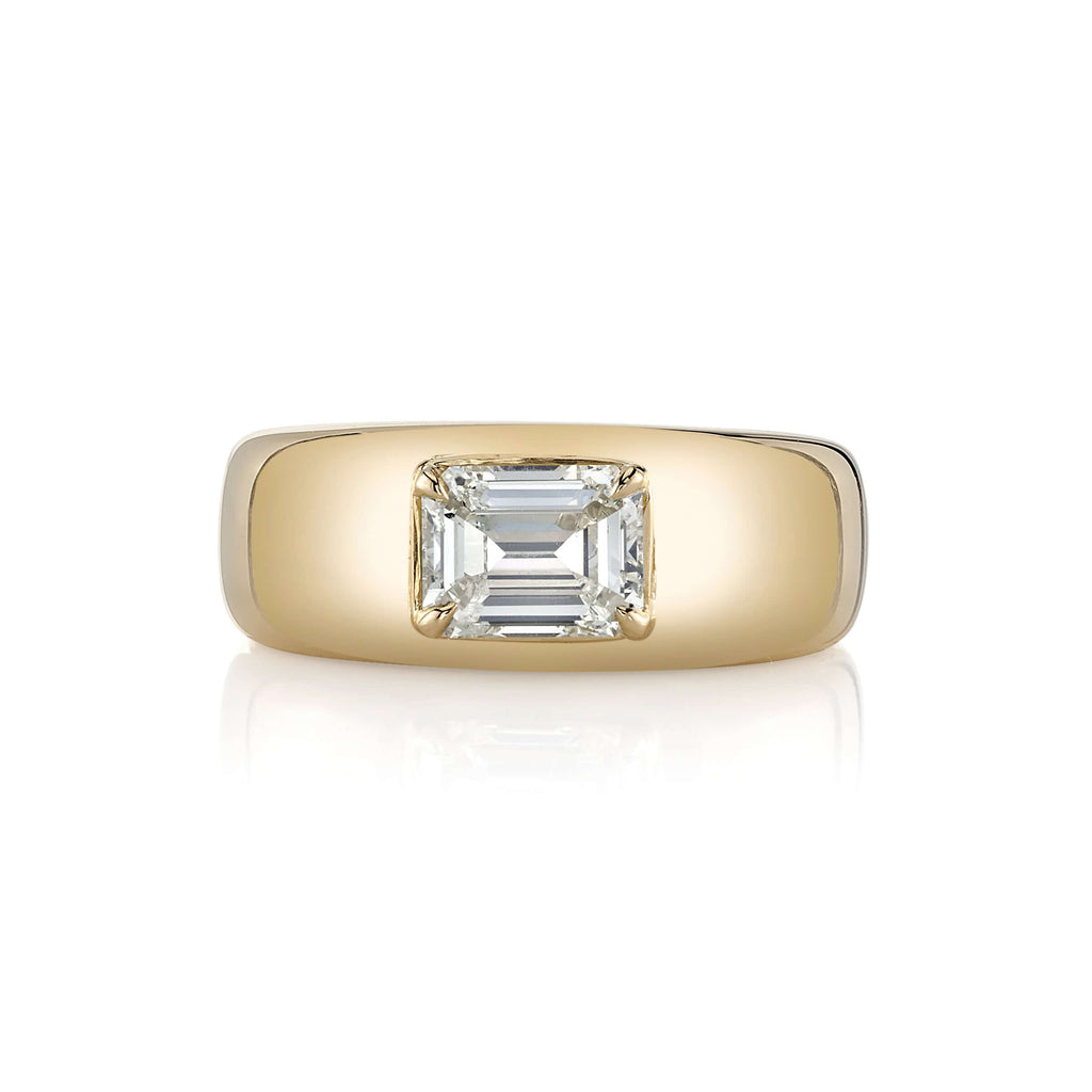 Single Stone's REMINGTON ring  featuring 1.00ct U-V/SI1 GIA certified emerald cut diamond set in a handcrafted 18K yellow gold dome mounting.
