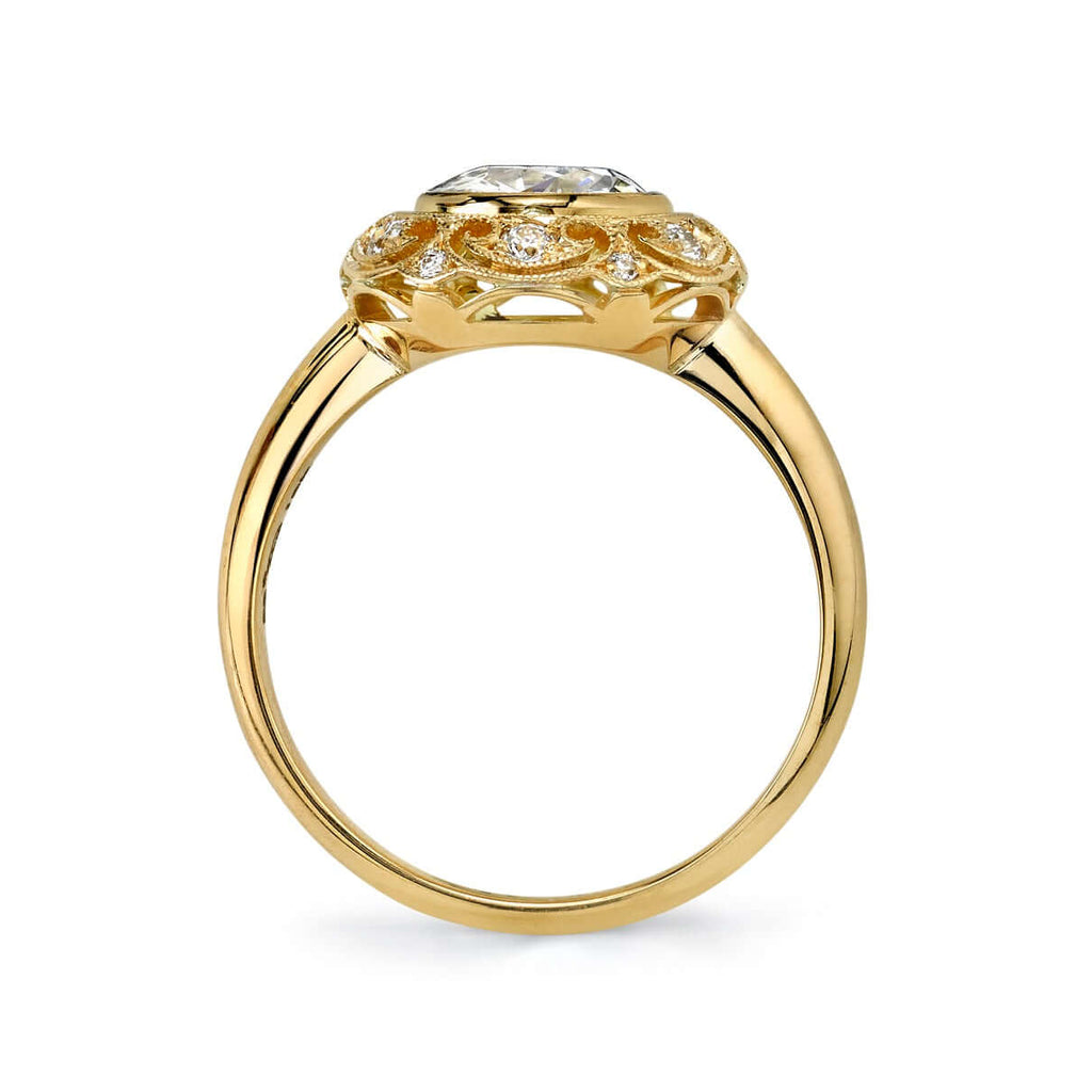 Single Stone's CAPRI ring  featuring 1.06ct K/SI1 GIA certified old European cut diamond with 0.11ctw old European cut accent diamonds set in a handcrafted 18K yellow gold mounting.
