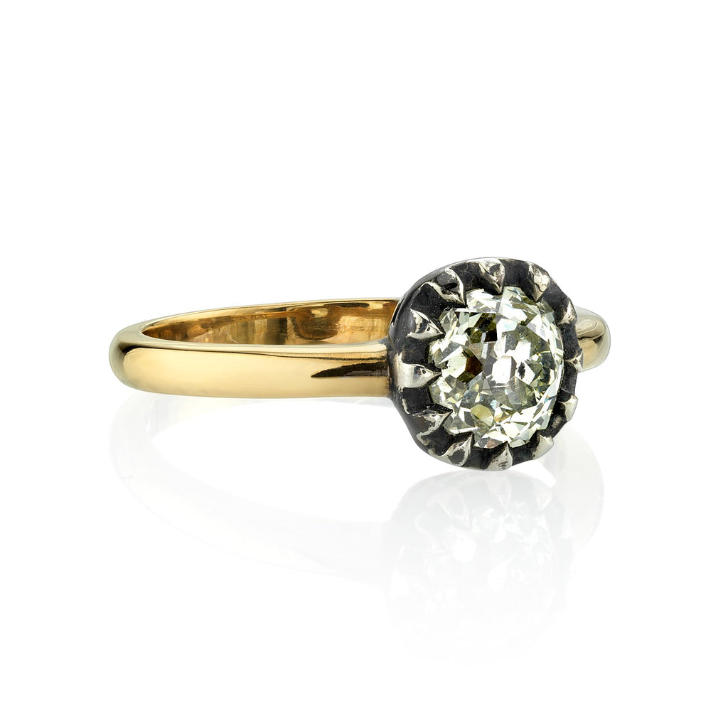 Single Stone's ANGELINA ring  featuring 1.13ct O-P/I1 GIA certified antique cushion cut diamond set in a handcrafted 18K yellow gold and oxidized silver mounting.

