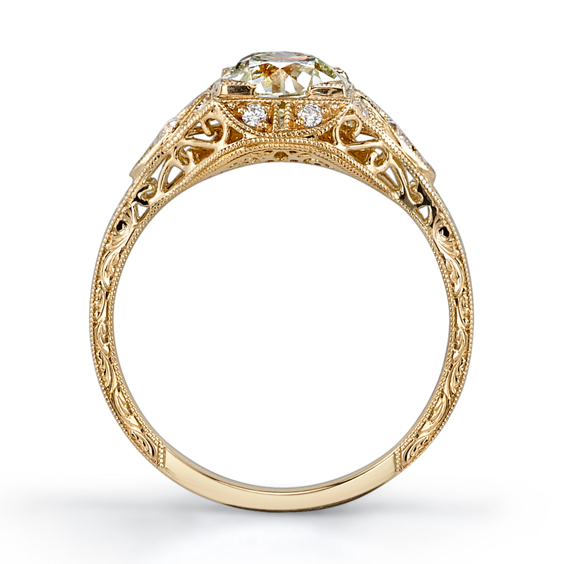 SINGLE STONE BRIGETTE RING featuring 1.24ct M/VS2 GIA certified old European cut diamond with 0.19ctw old European cut accent diamonds set in a handcrafted 18K yellow gold mounting.