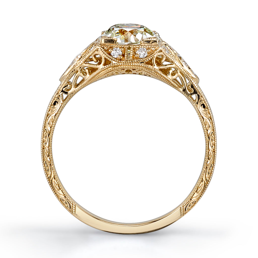 Single Stone's BRIGETTE ring  featuring 1.24ct M/VS2 GIA certified old European cut diamond with 0.19ctw old European cut accent diamonds set in a handcrafted 18K yellow gold mounting.
