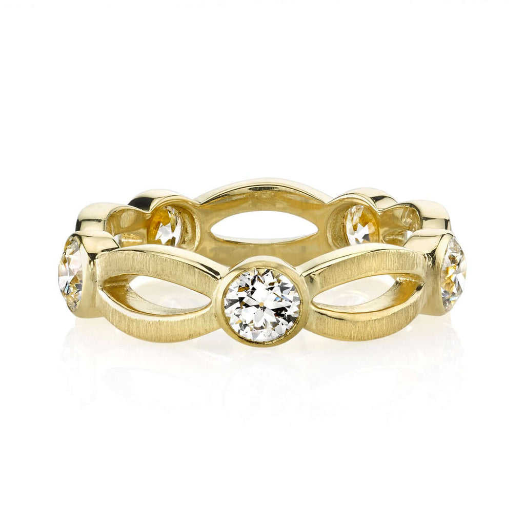 Single Stone's COCO band  featuring 1.26ctw G-H/VS-SI old European cut diamonds bezel set in a handcrafted 18K yellow gold band. Approximate band width 5mm. Band is currently a size 6.

