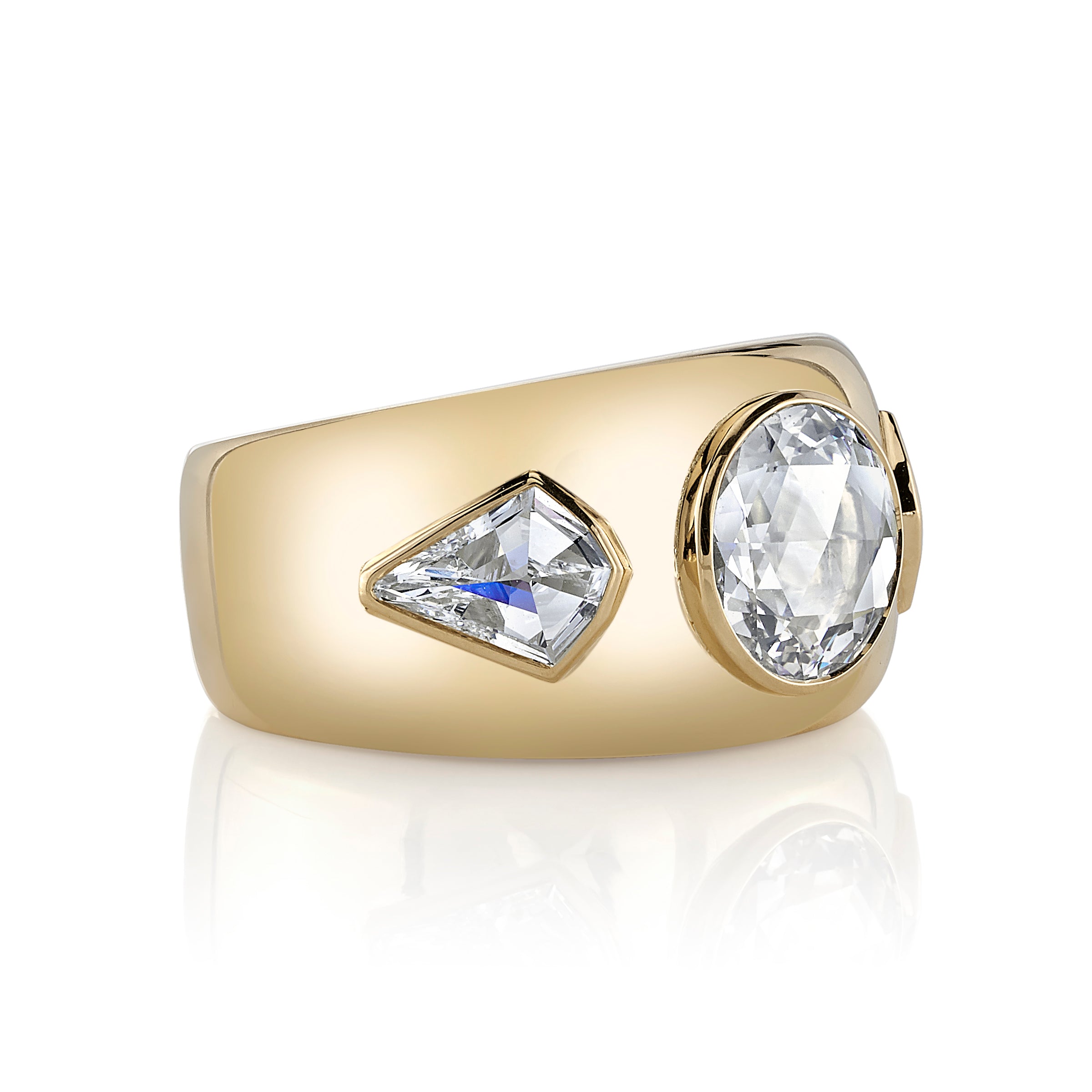 SINGLE STONE WINSLOW RING featuring 1.34ct M/VS1 GIA certified rose cut diamond with 0.70ctw kite cut accent diamonds set in a handcrafted 18K yellow gold mounting.