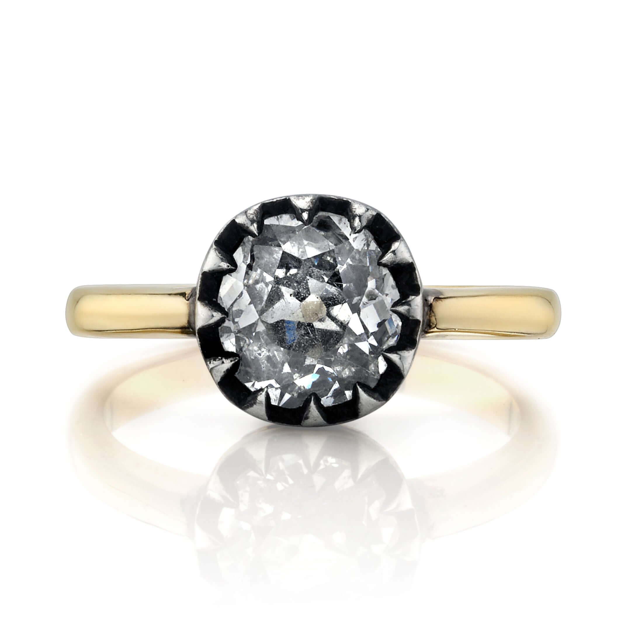 SINGLE STONE ANGELINA RING featuring 1.35ct H/SI2 EGL certified antique old mine cut diamond set in a handcrafted 18K yellow gold and oxidized silver mounting.