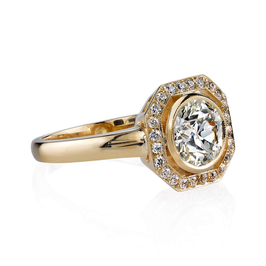 Single Stone's PARKER ring  featuring 1.33ct L/VS1 GIA certified old European cut diamond with 0.19ctw old European cut accent diamonds set in a handcrafted 18K yellow gold mounting.
