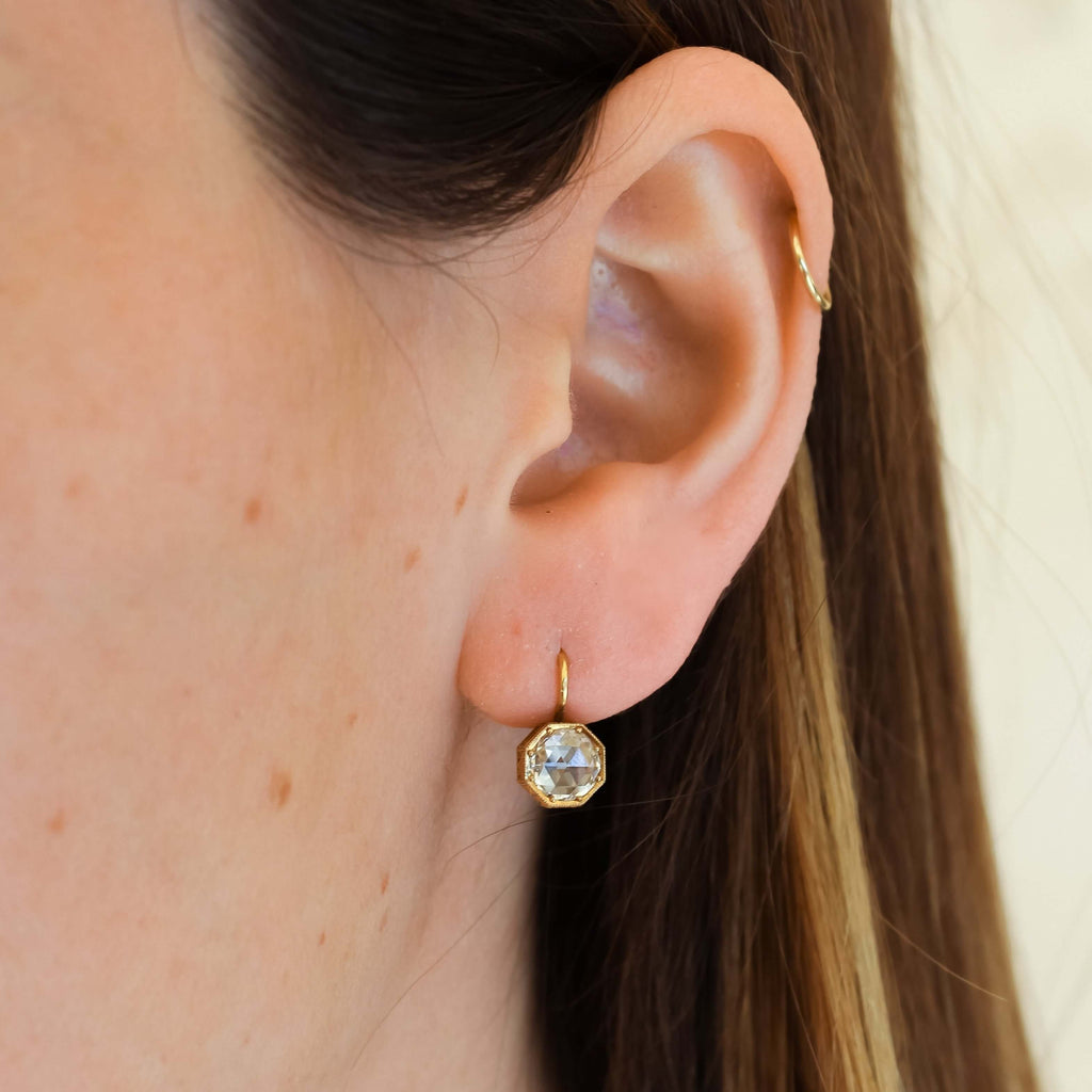 Single Stone's HEATHER DROPS earrings  featuring 0.80ctw H/VS rose cut diamonds set in handcrafted oxidized 18K yellow gold leverback earrings.
