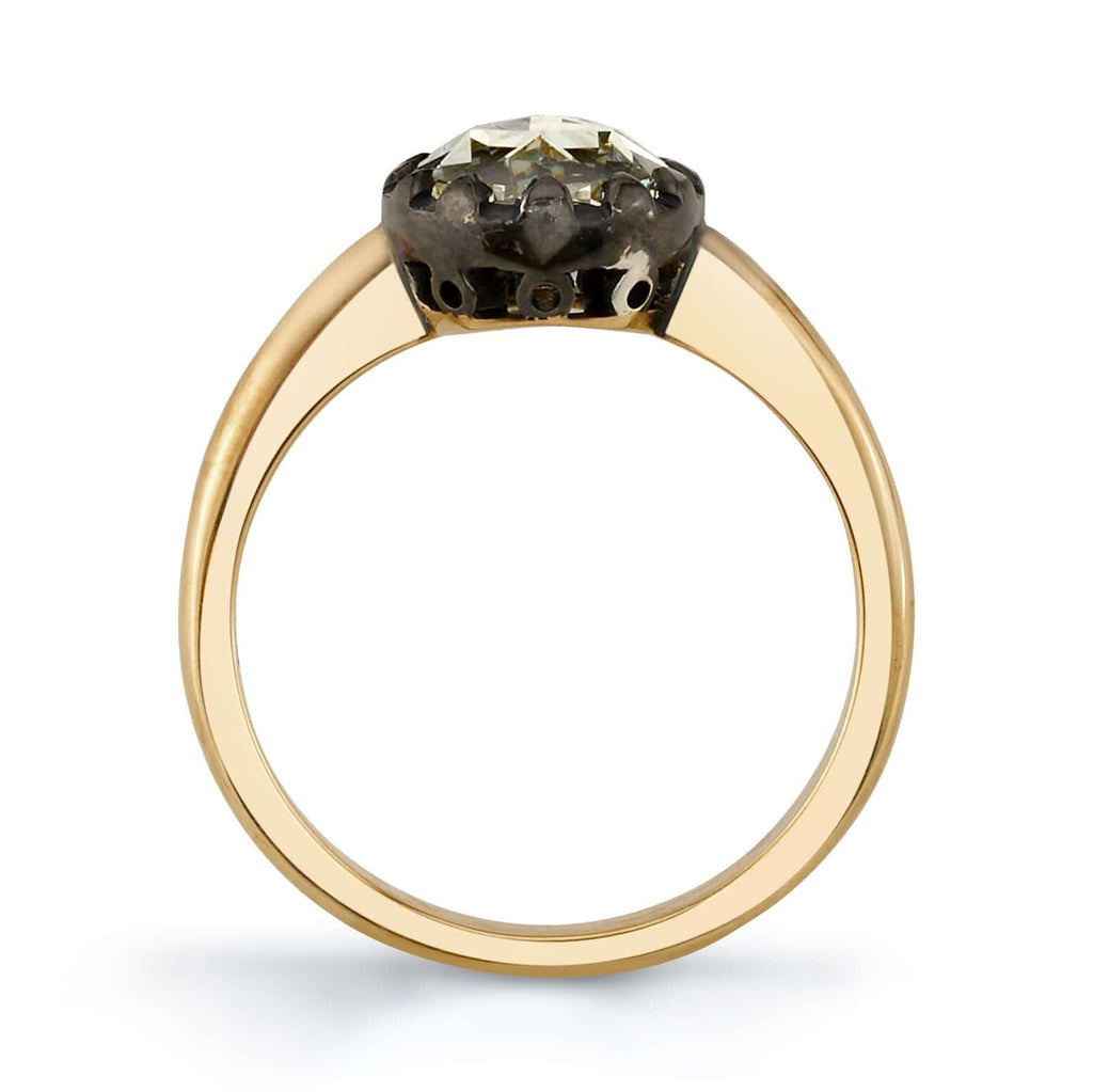 Single Stone's ANGELINA ring  featuring 1.56ct L/SI2 GIA certified antique oval rose cut diamond set in an 18K yellow gold and oxidized silver mounting. 
