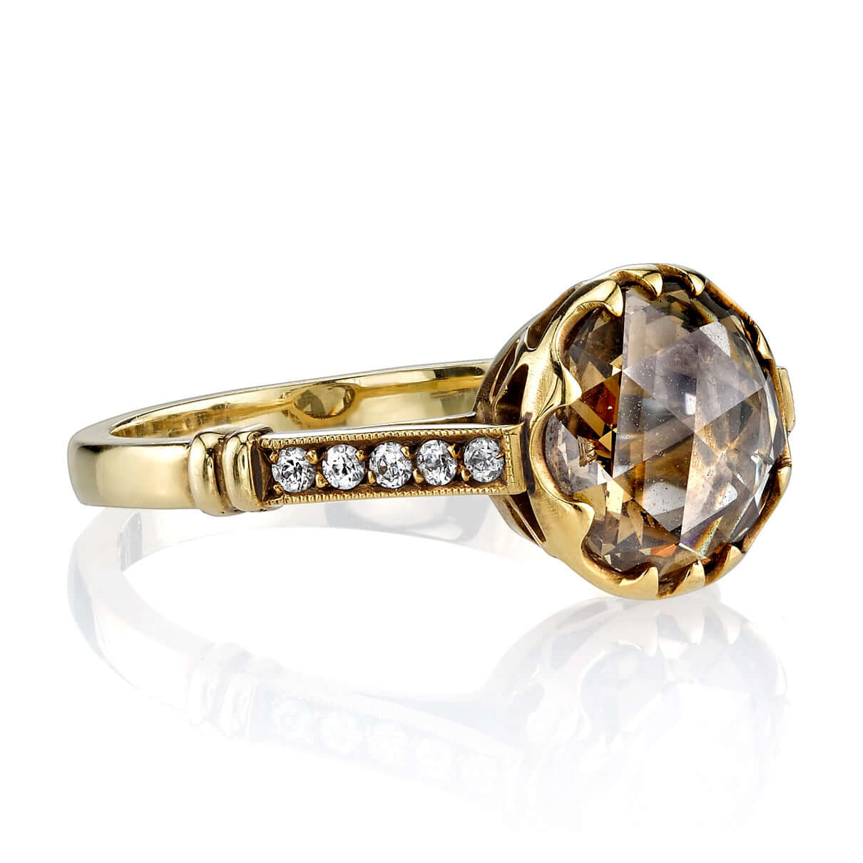 SINGLE STONE SKYLER RING featuring 1.62ct Peach-Brown/SI rose cut diamond with 0.12ctw old European cut accent diamond set in a handcrafted oxidized 18K yellow gold mounting.