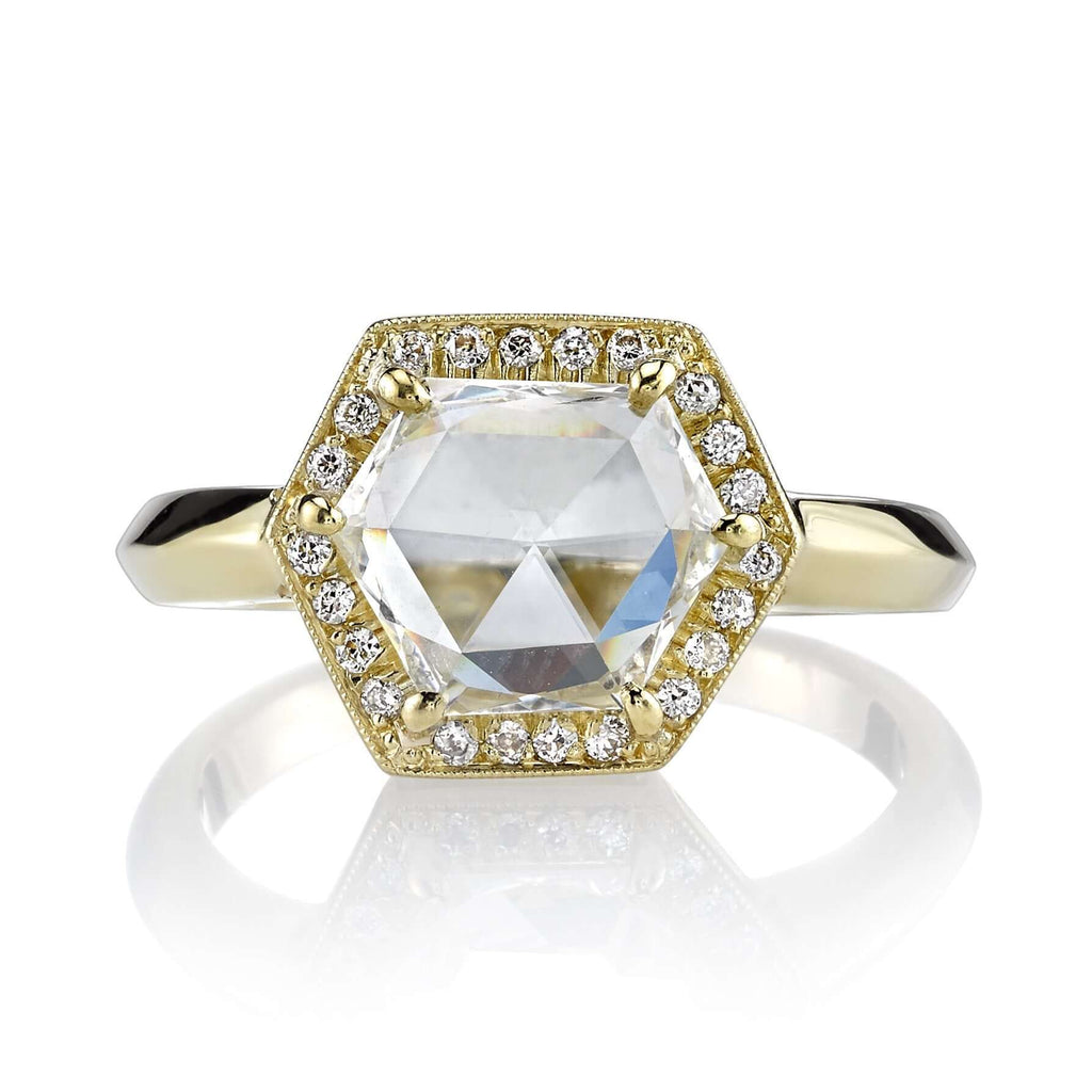 
Single Stone's Haskell ring  featuring 1.66ct J/SI1 GIA certified trapezoid shaped rose cut diamond with 0.13ctw old European cut accent diamonds set in a handcrafted 18K yellow gold mounting. 

