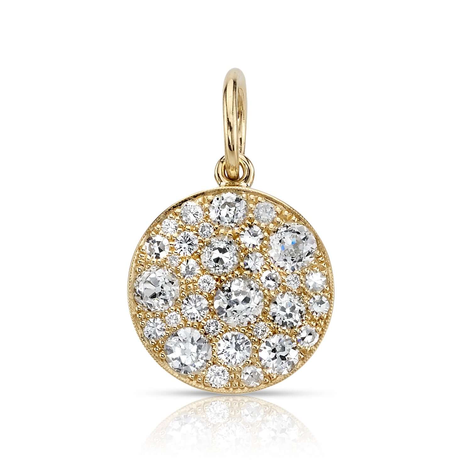 SINGLE STONE ROUND COBBLESTONE CHARM PENDANT featuring Approximately 1.70ctw various old cut and round brilliant cut diamonds set in a handcrafted 18K yellow gold round cobblestone pendant. Charm measures approx. 15mm. Available in an oxidized or polished