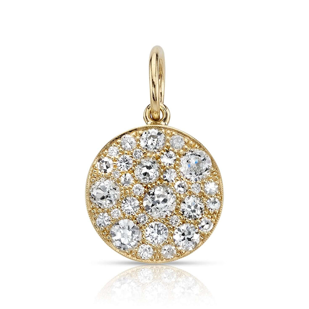 Single Stone's ROUND COBBLESTONE CHARM pendant  featuring Approximately 1.70ctw various old cut and round brilliant cut diamonds set in a handcrafted 18K yellow gold round cobblestone pendant. Charm measures approx. 15mm. Available in an oxidized or polished finish. Price does not include chain. *Cobblestone pattern may vary from piece to piece
