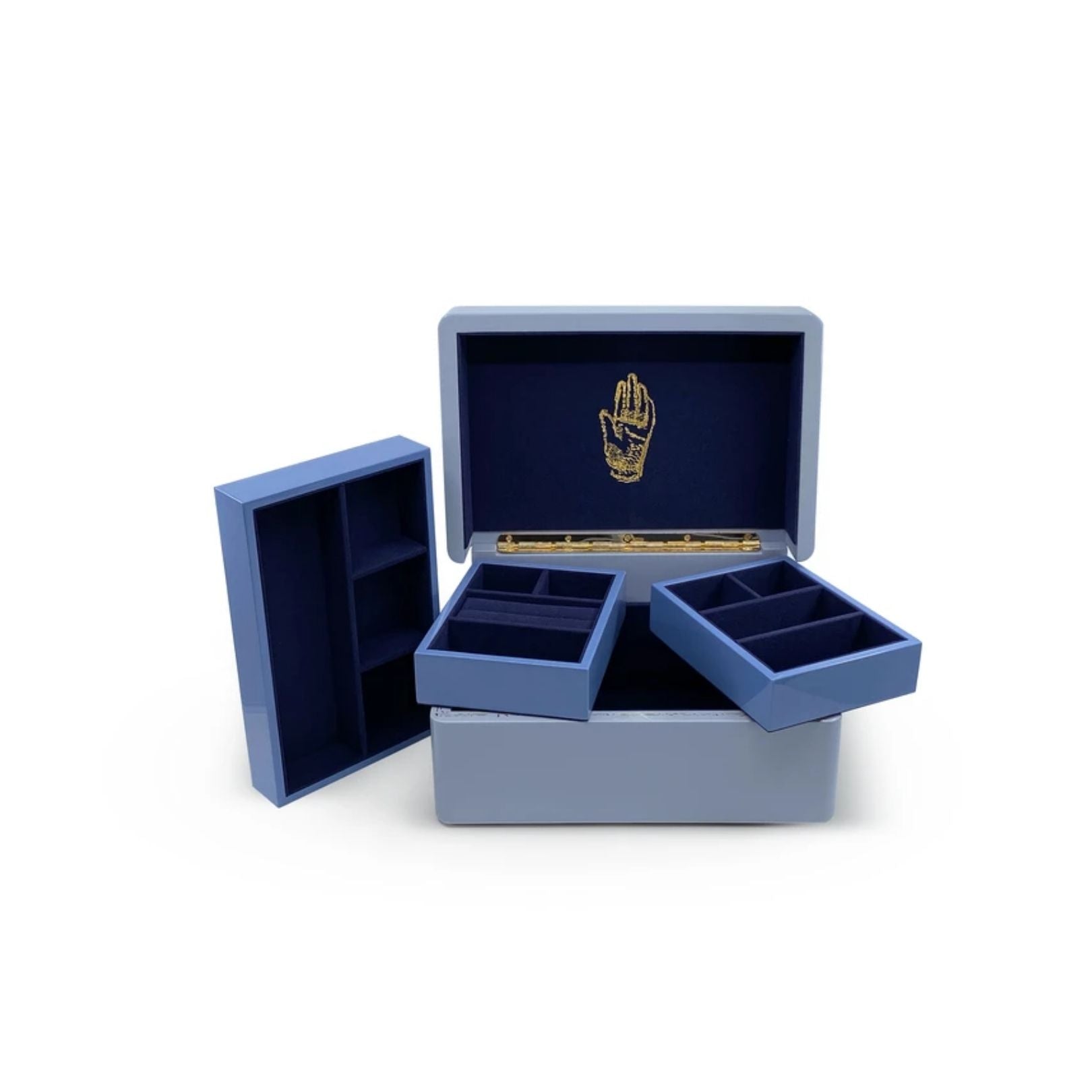 EVENING BLUE MINI TRUNK, Color: Dusty blue top and indigo interior Wood with high lacquer finish 3 levels of storage Features delicate gold effect inlay Brass plated hardware Faux suede interior 10" x 6.9" x 5.1" Due to the nature of lacquer, there may be