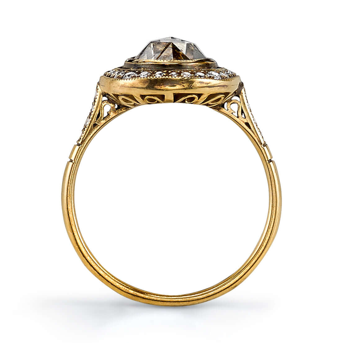 SINGLE STONE CAMILLE RING featuring 2.12ct Brown/SI oval shaped Rose cut diamond with 0.18ctw old European cut accent diamonds set in a handcrafted oxidized 18K yellow gold mounting.