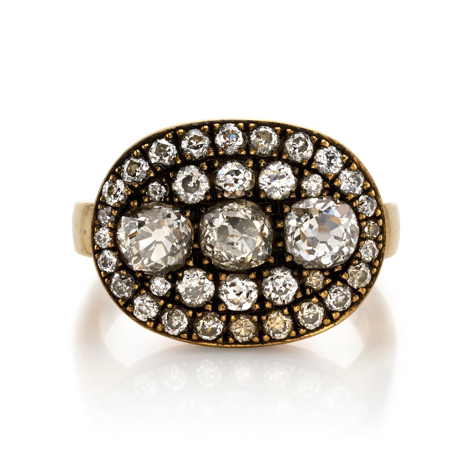 SINGLE STONE LEXY RING featuring 2.36ctw VS/SI varying old cut and round brilliant cut diamonds set in a handcrafted, oxidized 18K yellow gold mounting.