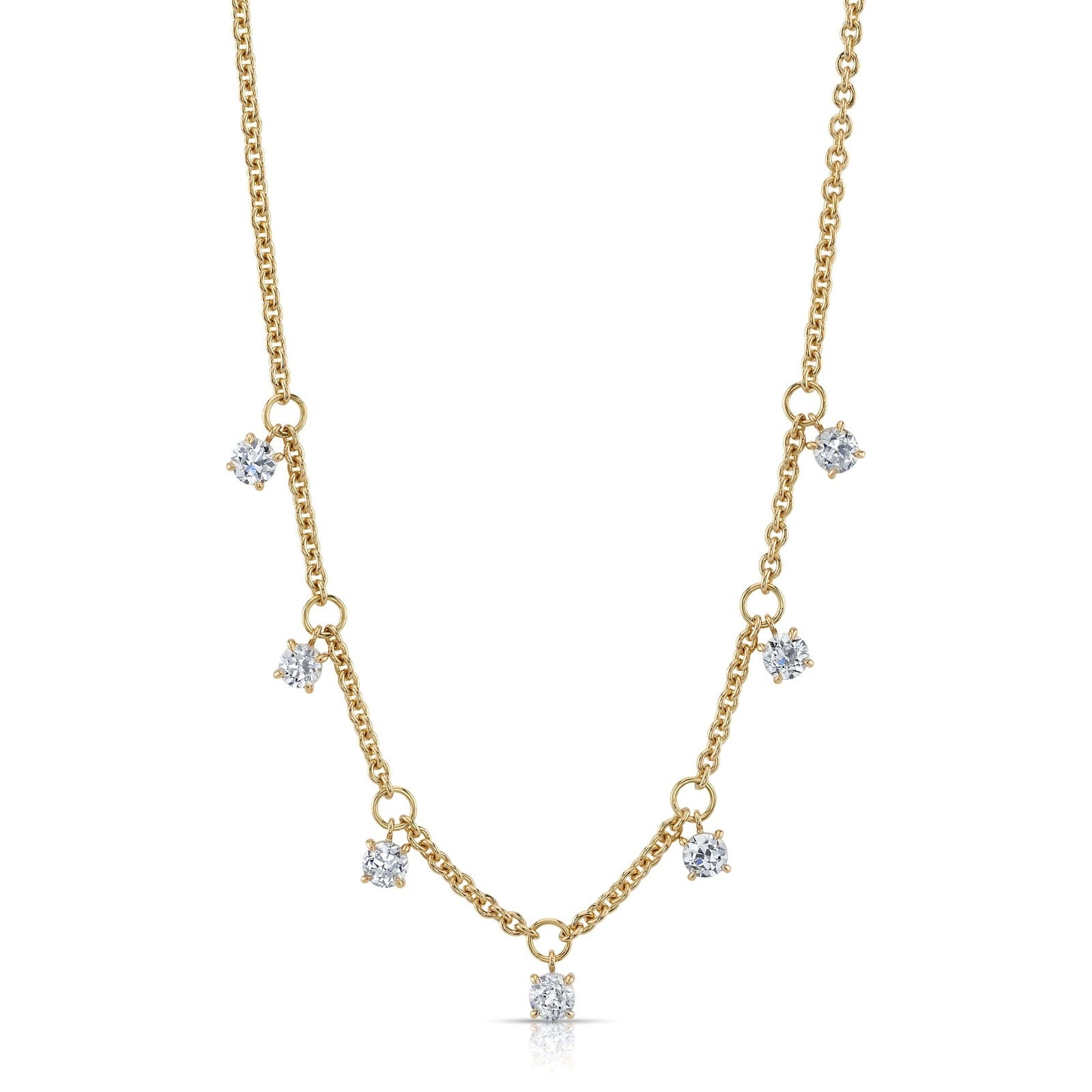 SINGLE STONE JAYLEN NECKLACE featuring Approximately 2.75ctw I-K/VS2-SI2 old European cut diamonds prong set on a handcrafted 17" 18K yellow gold chain.