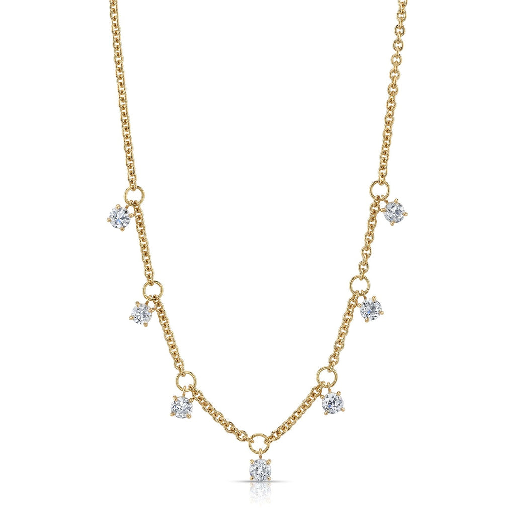 
Single Stone's Jaylen necklace band  featuring Approximately 2.75ctw I-K/VS2-SI2 old European cut diamonds prong set on a handcrafted 18K yellow gold necklace
Necklace measures 17".
