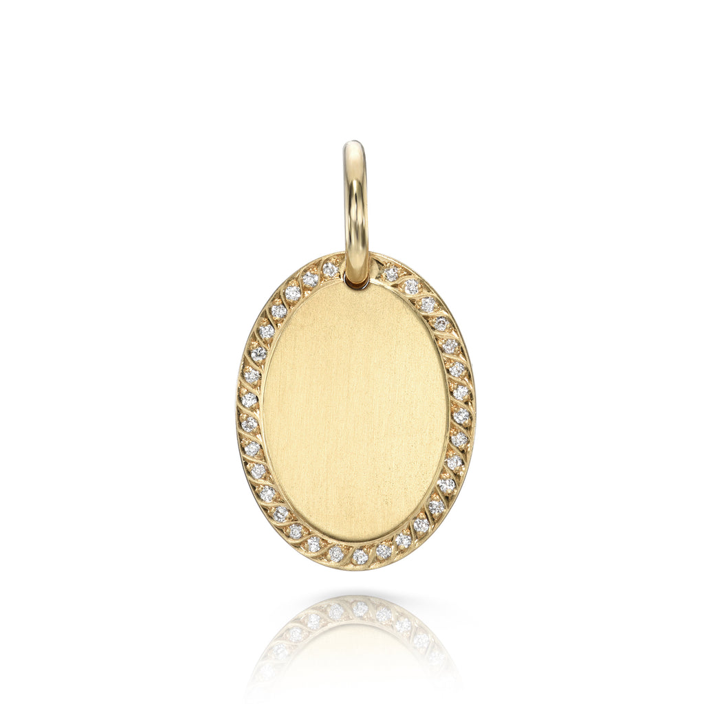 Single Stone's 20mm PAVÉ FRAMED OVAL PENDANT pendant  featuring Handcrafted 20mm 18K yellow gold oval shaped pendant with approximately 0.10ctw pavé set old European cut accent diamonds. Price does not include chain. 
