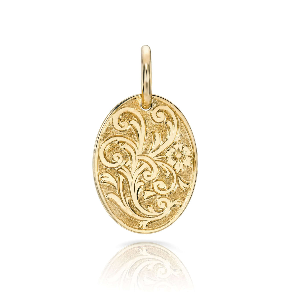 Single Stone's 20mm FLORAL ENGRAVED OVAL PENDANT pendant  featuring Handcrafted 20mm floral engraved oval shaped pendant in 18K yellow gold. Price does not include chain.
