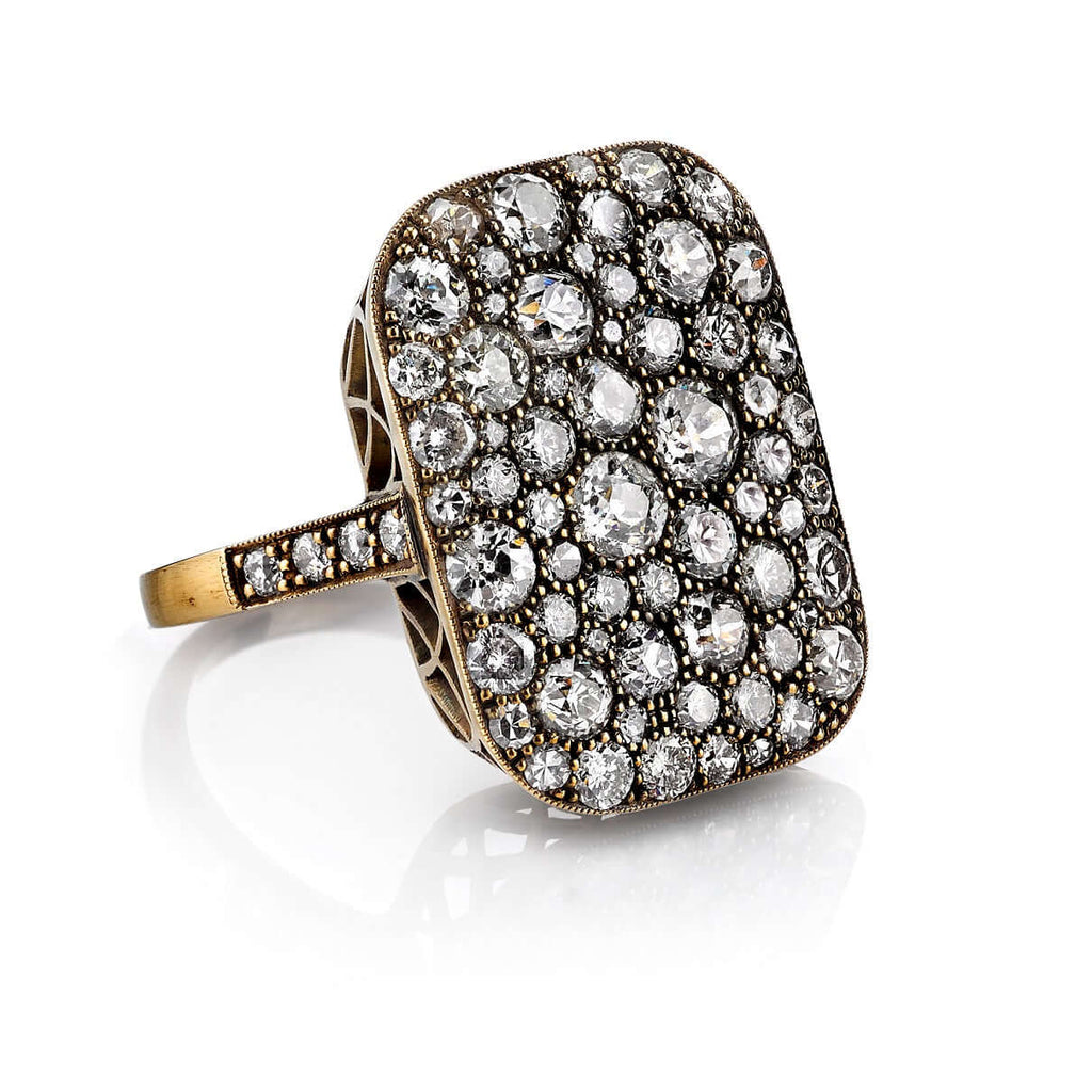 Single Stone's RECTANGULAR COBBLESTONE RING ring  featuring Approximately 4.90ctw various old cut and round brilliant cut diamonds set in a handcrafted, oxidized 18K yellow gold mounting. Price may vary according to total diamond weight. Measurements 22mm x 17mm. *Cobblestone pattern may vary from piece to piece
