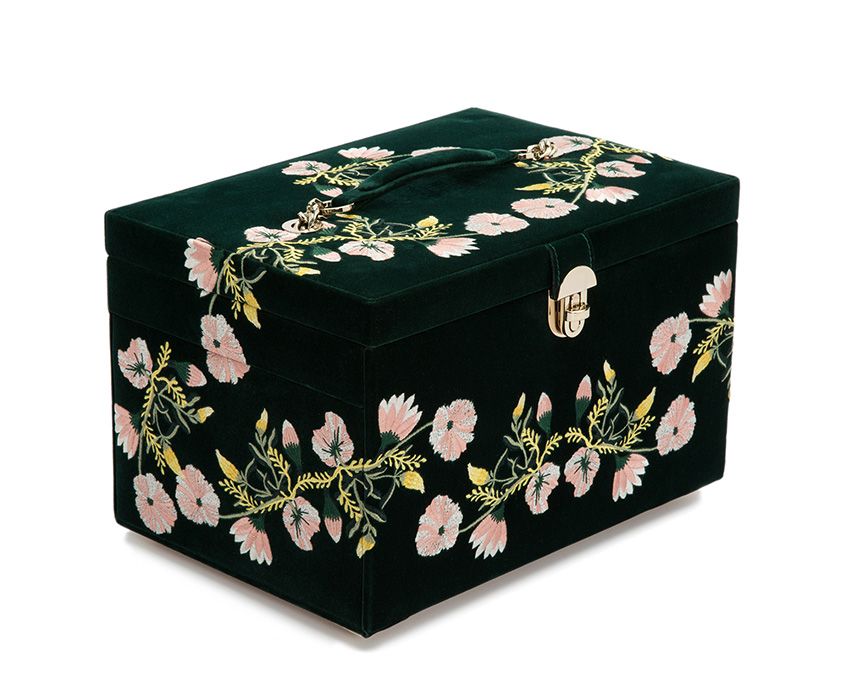 LARGE ZOE JEWELRY CASE, Forest green velvet jewelry case embroidered with classic floral designs. Jewelry case includes a total of 20 compartments. Ring rolls (18), necklace storage (12), bracelet compartment (5), bracelet/watch cuff (6), and a removable
